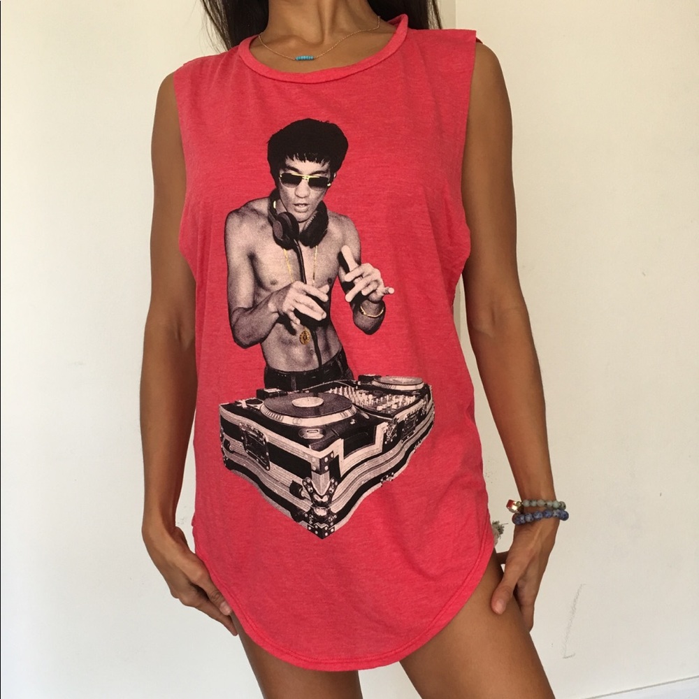 Bruce Lee Dj Custom Cut Bright Red Top S, M, L